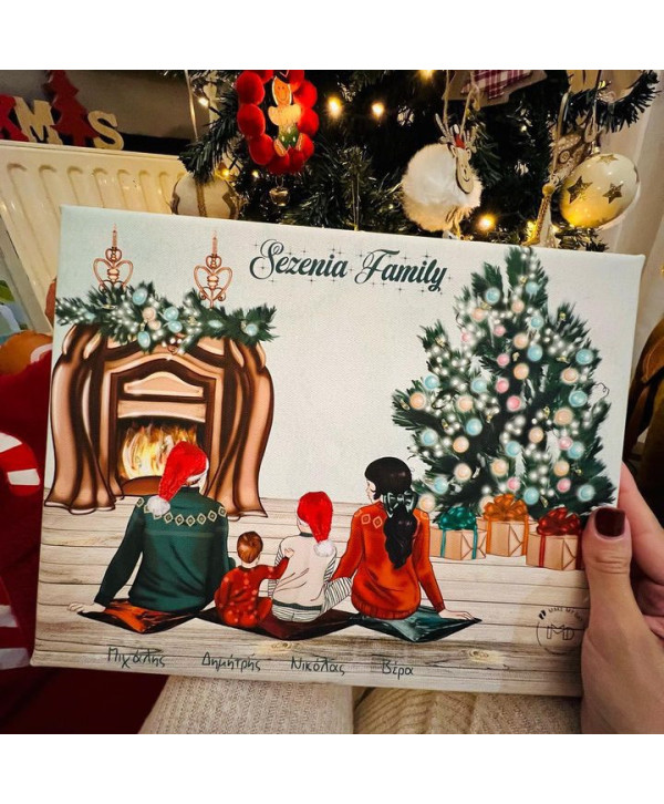 Christmas τζάκι family  καδράκι με λαμπάκια