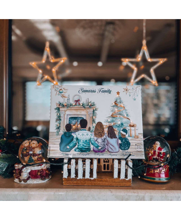 Christmas living room family  καδράκι με λαμπάκια
