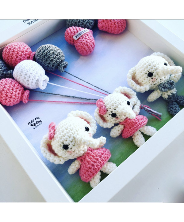 Crochet family frame ροζ-γκρι ελεφαντάκια/3 μέλη Crochet family frame ροζ-γκρι ελεφαντάκια/3 μέλη